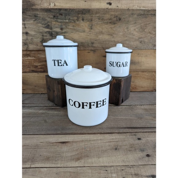 Set of 3 Farmhouse Enameled Metal Storage Containers / Coffee - Tea - Sugar - Picture 1 of 9